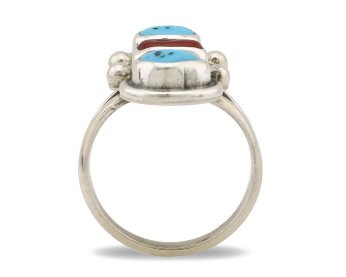 Navajo Ring 925 Silver Sleeping B Turquoise & Coral Native American Artist C.80s
