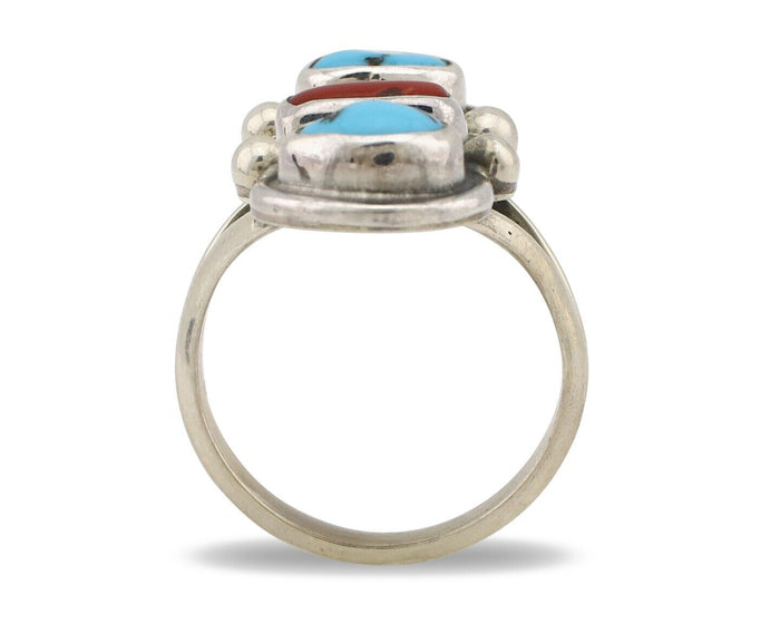 Navajo Ring 925 Silver Sleeping B Turquoise & Coral Native American Artist C.80s