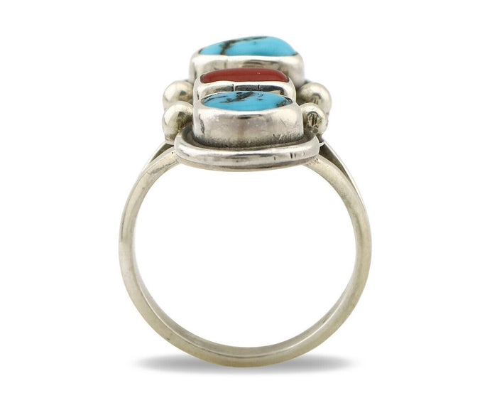 Navajo Ring 925 Silver Sleeping B Turquoise & Coral Native American Artist C.80s