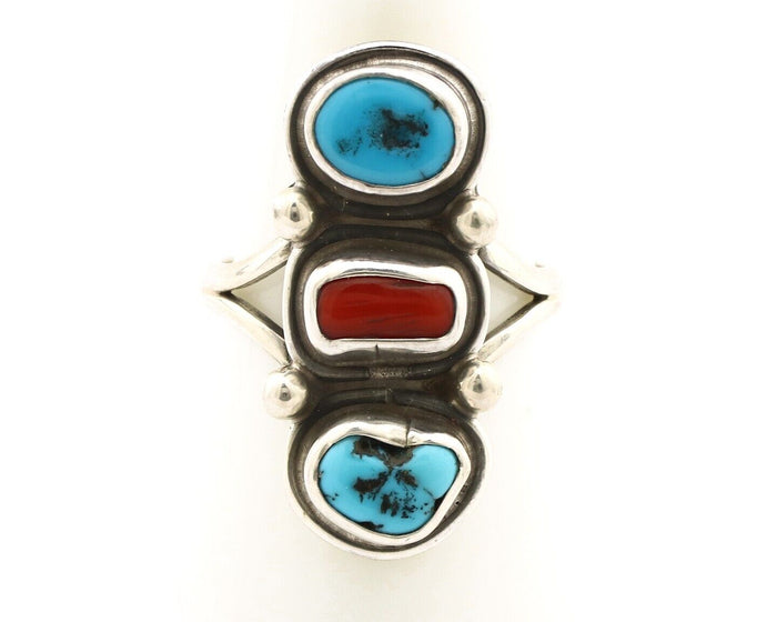 Navajo Ring 925 Silver Sleeping B Turquoise & Coral Native American Artist C.80s