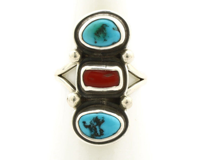 Navajo Ring 925 Silver Sleeping B Turquoise & Coral Native American Artist C.80s