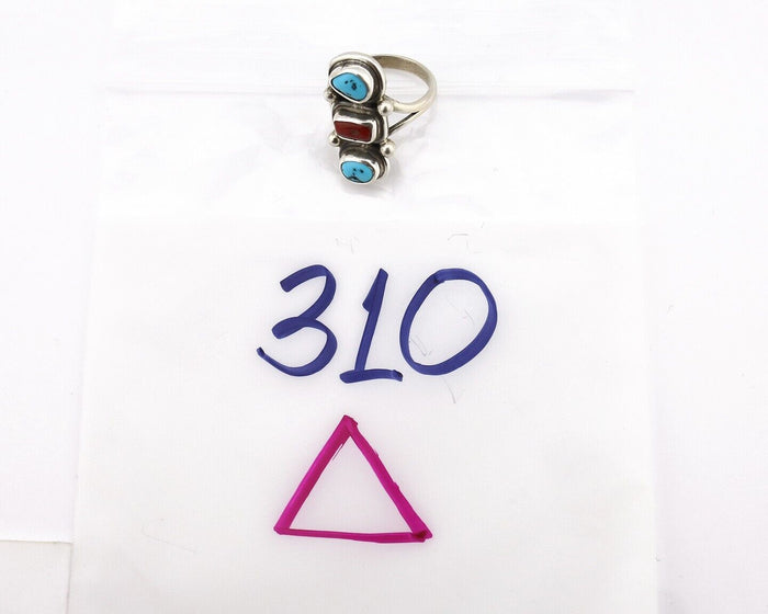 Navajo Ring 925 Silver Sleeping B Turquoise & Coral Native American Artist C.80s