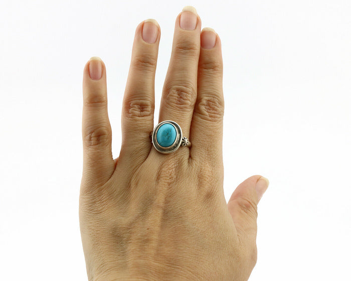Navajo Ring .925 Silver Sleeping Beauty Turquoise Native American Artist C.1980s
