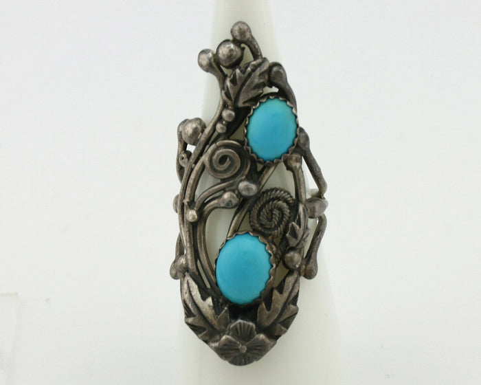 Navajo Ring .925 Silver Sleeping Beauty Turquoise Signed Prairie Fire C.80's