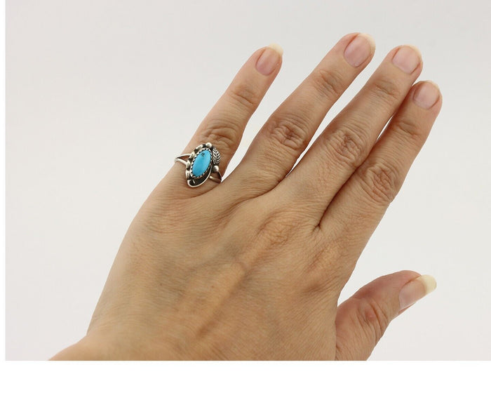Navajo Ring 925 Silver Sleeping Beauty Turquoise Signed SkyStone Creations C80s