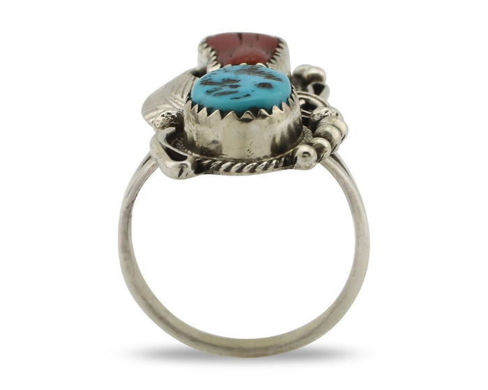 Navajo Ring .925 Silver Turquoise & Coral Artist Signed Justin Morris C.80's