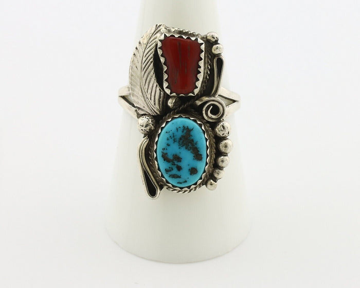 Navajo Ring .925 Silver Turquoise & Coral Artist Signed Justin Morris C.80's