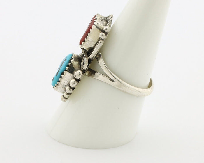 Navajo Ring .925 Silver Turquoise & Coral Artist Signed Justin Morris C.80's