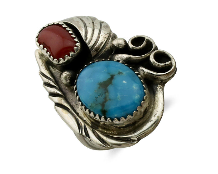 Navajo Ring 925 Silver Turquoise & Coral Artist Signed Native American C.80s