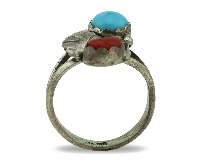 Navajo Ring .925 Silver Turquoise & Coral Native American Artist C.1980's