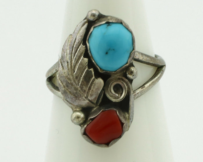 Navajo Ring .925 Silver Turquoise & Coral Native American Artist C.1980's