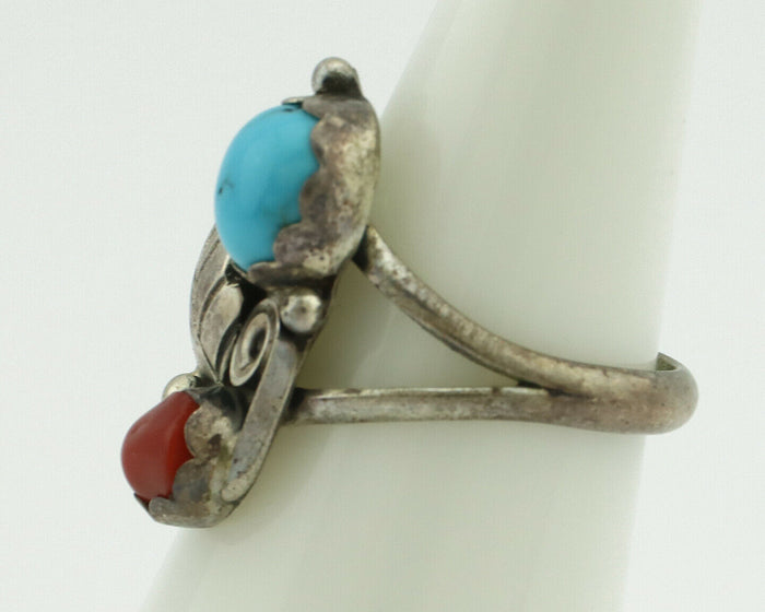 Navajo Ring .925 Silver Turquoise & Coral Native American Artist C.1980's