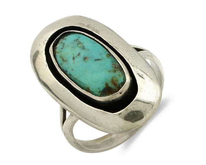 Navajo Shadow Box Ring .925 Silver Kingman Turquoise Signed M Montoya C80s