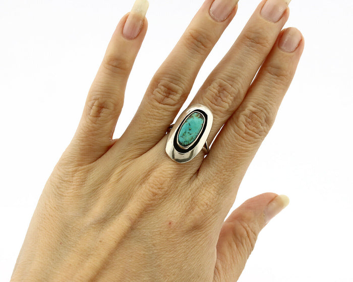 Navajo Shadow Box Ring .925 Silver Kingman Turquoise Signed M Montoya C80s