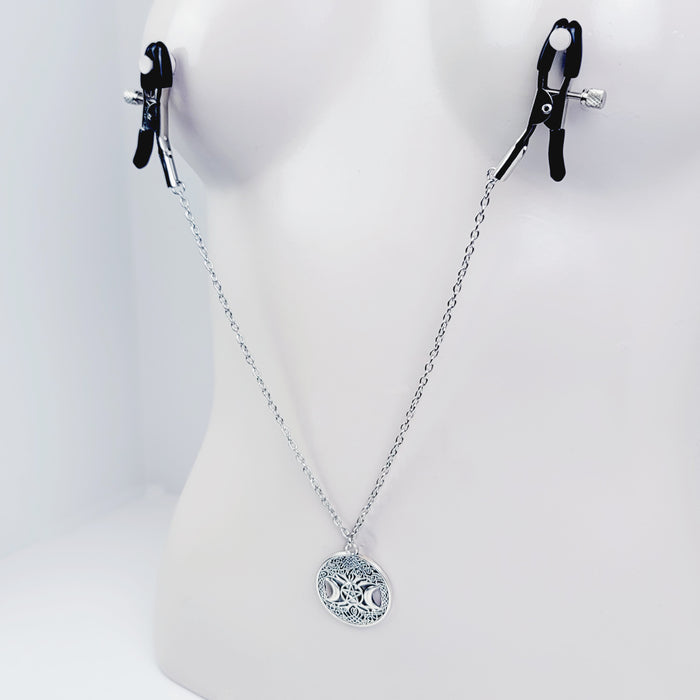 Nipple Chain with Tree of Life Triple Moon Pentacle Charm on Your Choice of Nipple Nooses or Clamps