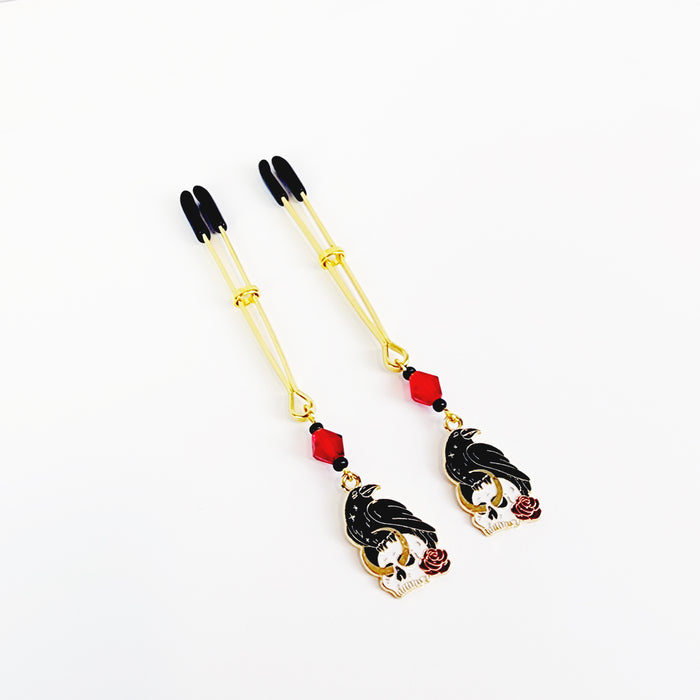 Nipple Clamps With Skull and Raven. Gold Tweezer Clamps. Gothic, MATURE, BDSM