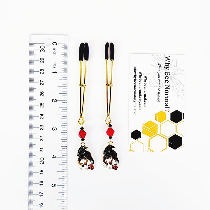 Nipple Clamps With Skull and Raven. Gold Tweezer Clamps. Gothic, MATURE, BDSM