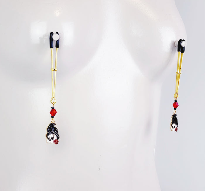 Nipple Clamps With Skull and Raven. Gold Tweezer Clamps. Gothic, MATURE, BDSM