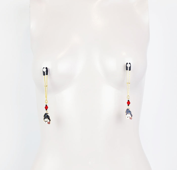 Nipple Clamps With Skull and Raven. Gold Tweezer Clamps. Gothic, MATURE, BDSM