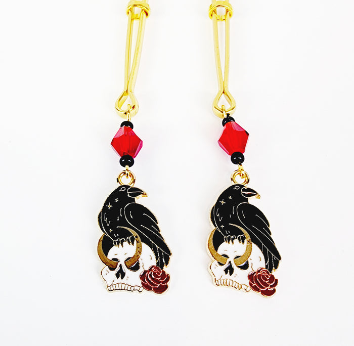 Nipple Clamps With Skull and Raven. Gold Tweezer Clamps. Gothic, MATURE, BDSM