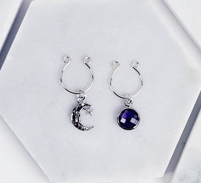 Nipple Rings with Silver Star, Moon, and Purple Gem
