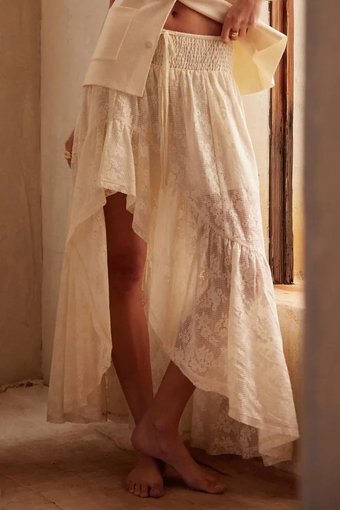Pure Air Floral Lace Asymmetrical Ruffle Maxi Skirt - ShopPromesa