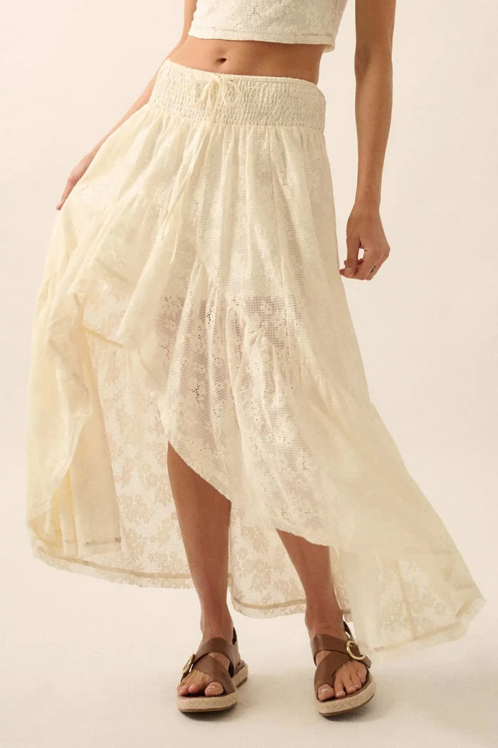 Pure Air Floral Lace Asymmetrical Ruffle Maxi Skirt - ShopPromesa
