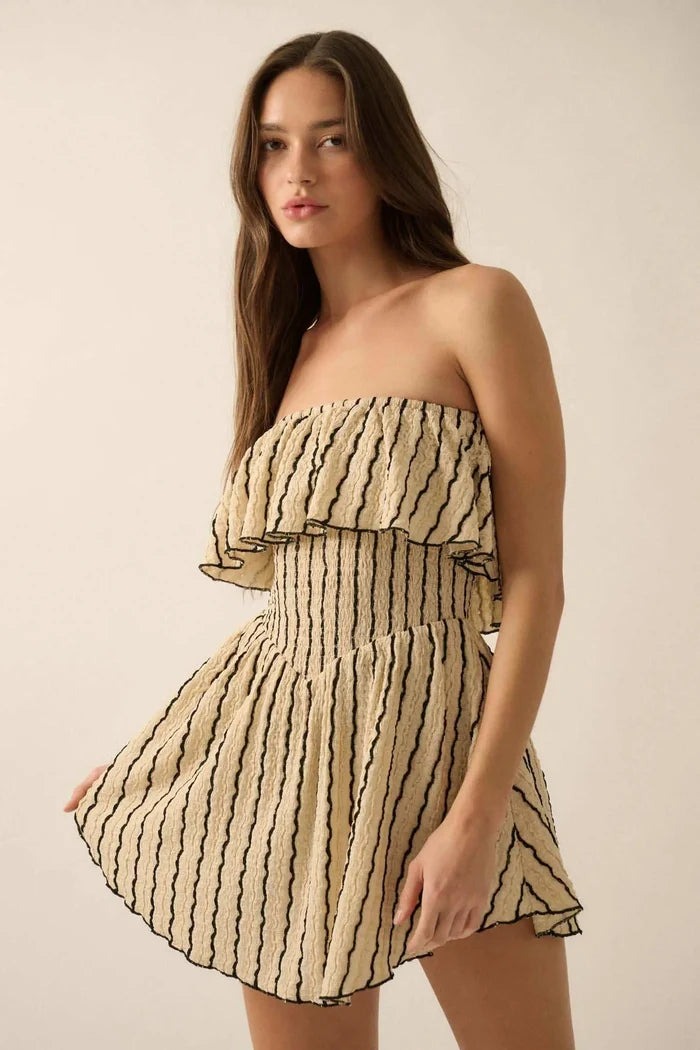 Rolling Wave Striped Knit Strapless Flounce Romper - ShopPromesa
