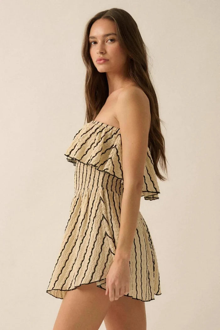 Rolling Wave Striped Knit Strapless Flounce Romper - ShopPromesa