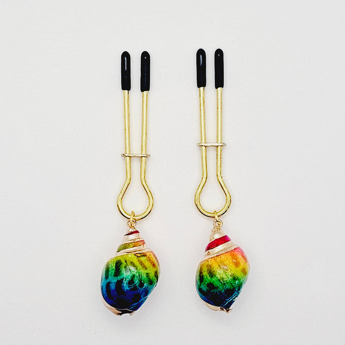 Seashell Nipple Clamps. Gold Straight Tweezer Nipple Clamp with Rainbow Shell.