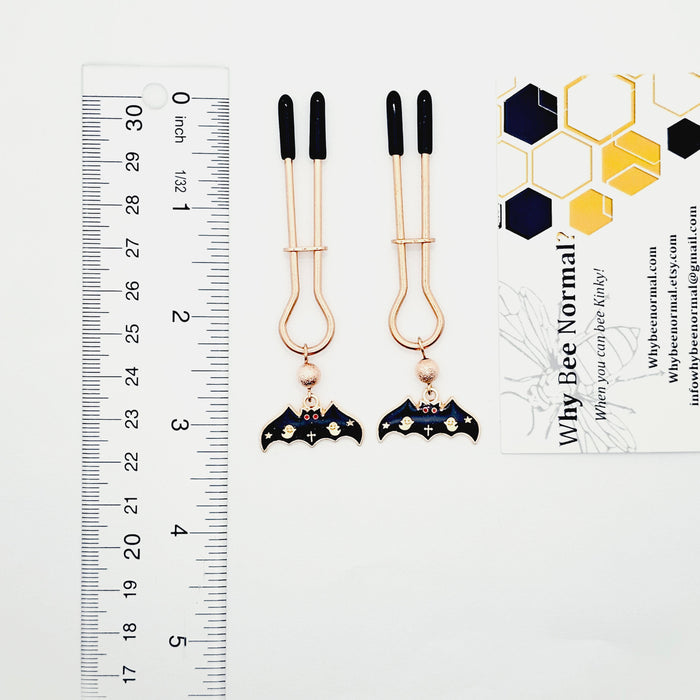 Spooky Nipple Clamps for Halloween. Rose Gold Straight Tweezer Clamps with Bats.