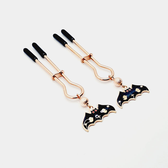 Spooky Nipple Clamps for Halloween. Rose Gold Straight Tweezer Clamps with Bats.