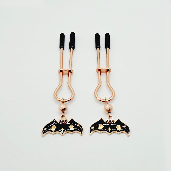 Spooky Nipple Clamps for Halloween. Rose Gold Straight Tweezer Clamps with Bats.