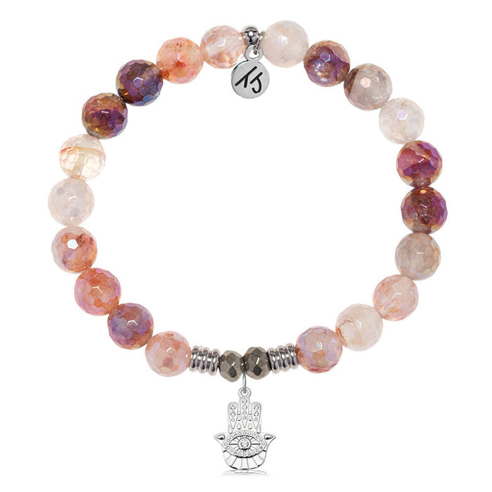 Strawberry Quartz Gemstone Bracelet with Hamsa CZ Sterling Silver Charm