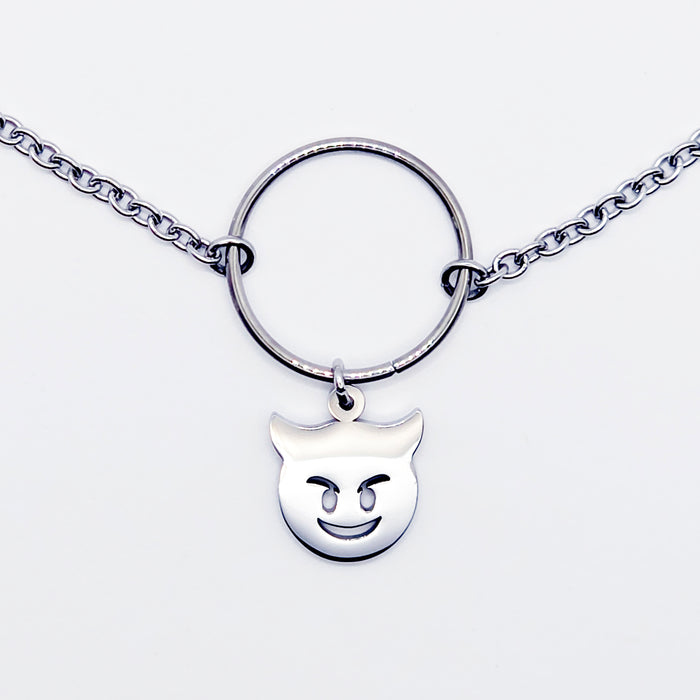 Unisex Sub Collar, Stainless Steel Circle of O with Naughty Devil Pendant. BDSM Submissive Day Collar