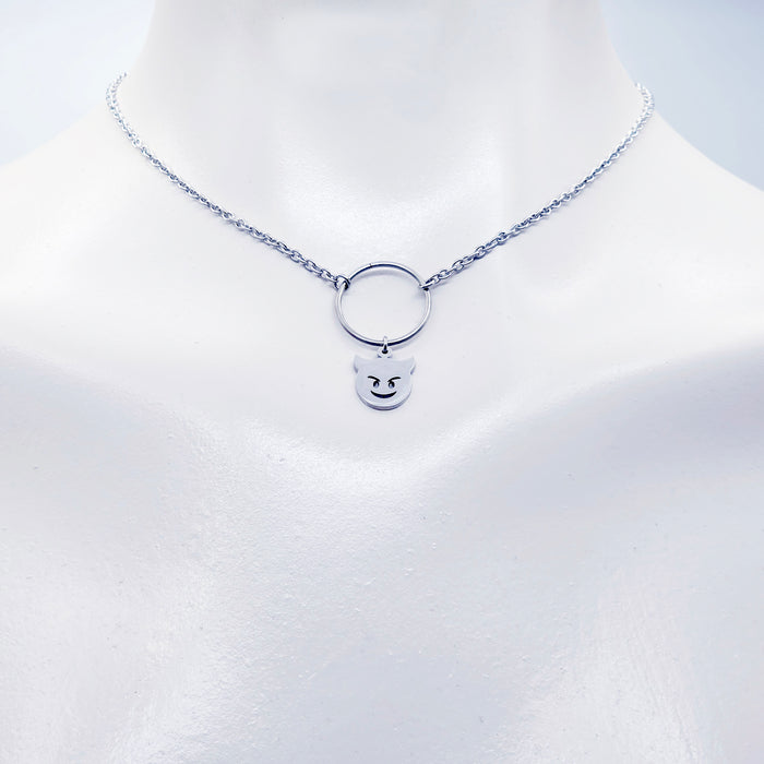 Unisex Sub Collar, Stainless Steel Circle of O with Naughty Devil Pendant. BDSM Submissive Day Collar