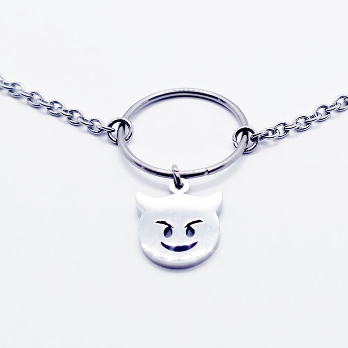 Unisex Sub Collar, Stainless Steel Circle of O with Naughty Devil Pendant. BDSM Submissive Day Collar