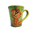 image of whimsical tabby cat painted by artist Debby Carman on green ceramic coffee mug