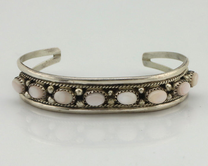 Women's Navajo Bracelet 925 Silver Natural Pink Mussel Native American Signed BB