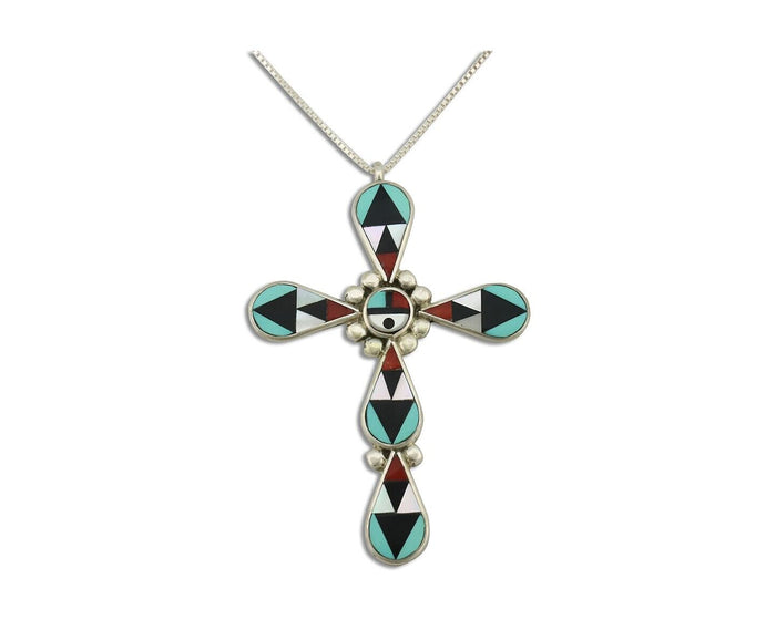 Zuni Cross Pendant 925 Silver Natural Gemstone Zeno & Maryann Edaaki C.80's