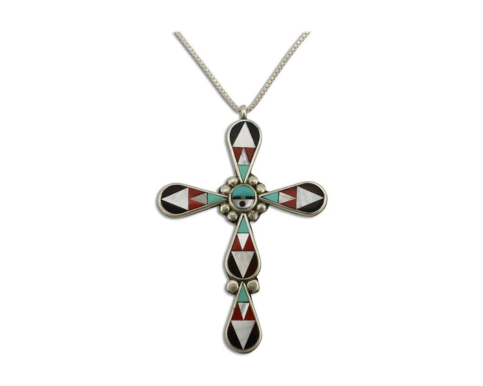 Zuni Cross Pendant 925 Silver Natural Gemstone Zeno & Maryann Edaaki C.80's