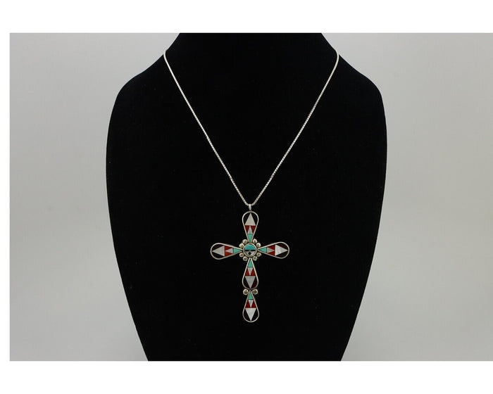 Zuni Cross Pendant 925 Silver Natural Gemstone Zeno & Maryann Edaaki C.80's