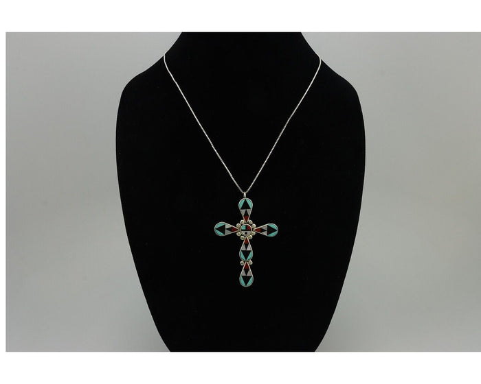 Zuni Cross Pendant 925 Silver Natural Gemstone Zeno & Maryann Edaaki C.80's