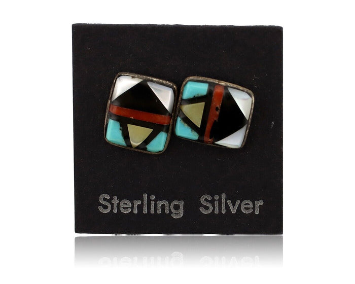 Zuni Earrings 925 Silver Natural Gemstones & Turquoise Native Artist C.80's