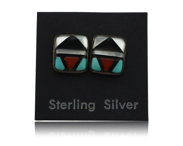 Zuni Earrings 925 Silver Natural Gemstones & Turquoise Native Artist C.80's