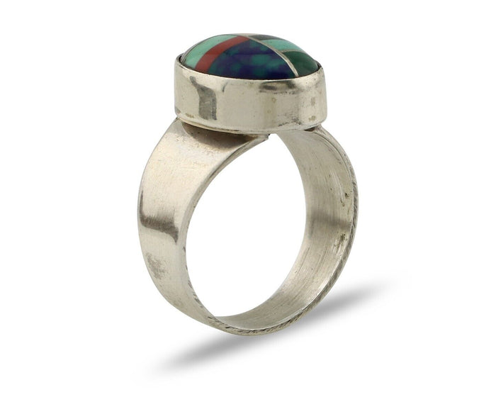Zuni Inlaid Ring 925 Silver Mixed Natural Gemstones Native American Artist C.80s