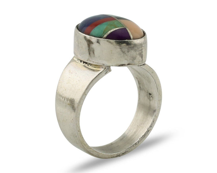 Zuni Inlaid Ring 925 Silver Mixed Natural Gemstones Native American Artist C.80s