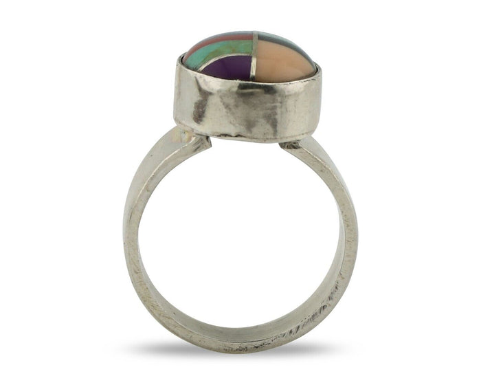 Zuni Inlaid Ring 925 Silver Mixed Natural Gemstones Native American Artist C.80s