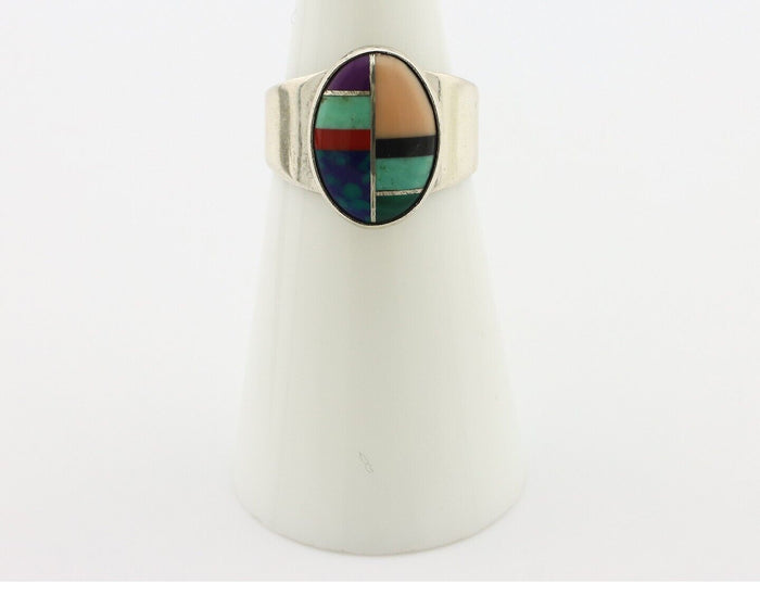 Zuni Inlaid Ring 925 Silver Mixed Natural Gemstones Native American Artist C.80s