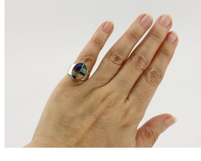 Zuni Inlaid Ring 925 Silver Mixed Natural Gemstones Native American Artist C.80s